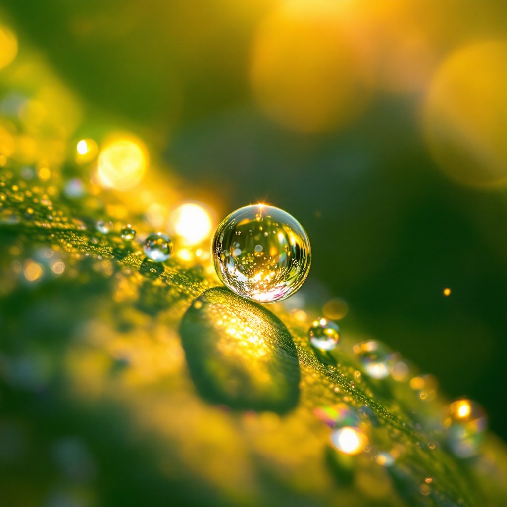 Dauwdruppel op een blad, zonlicht erdoorheen